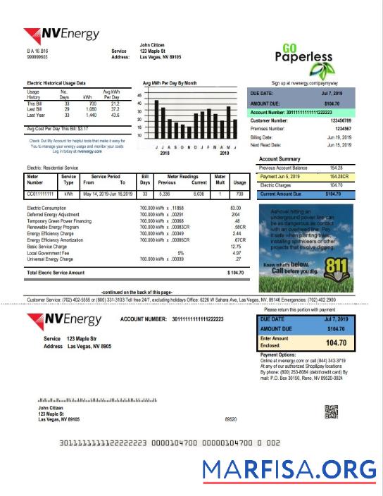 Downloadable USA Nevada NV Energy utility bill template in Word and PDF format